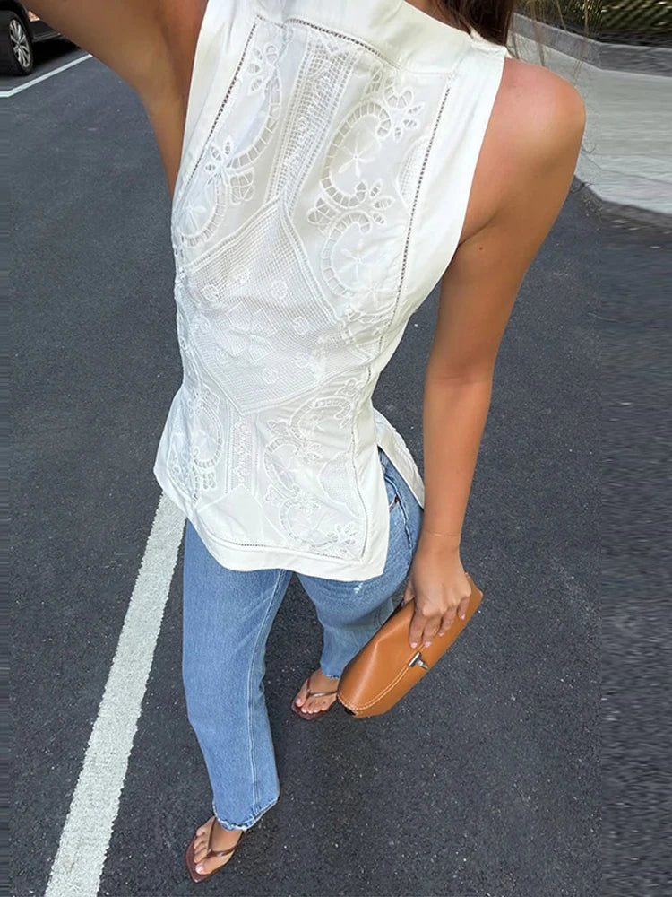 Women's Embroidery Vest Top Vintage Hollow Out Crew Neck Sleeveless Side Split Tank Summer Party Club Daily Matching Streetwear