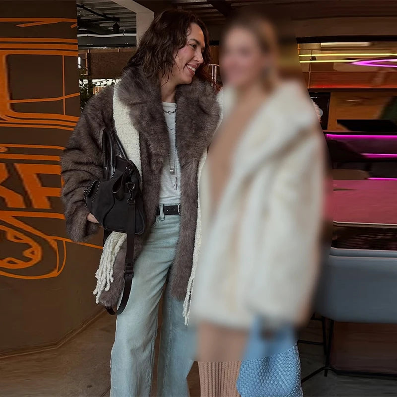 Oversized Tip-dyed Lapel Furry Faux Fur Coats Women Elegant Turn-down Collar Long Sleeve Coat Designer New Winter Lady Outerwear