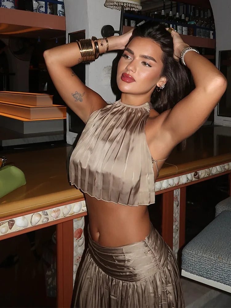 Luxury Women's Maxi Skirts Set Halter Neck Open Back Crop Top High Waist Flowy Long Skirt Elegant Formal Evening Party Outfit
