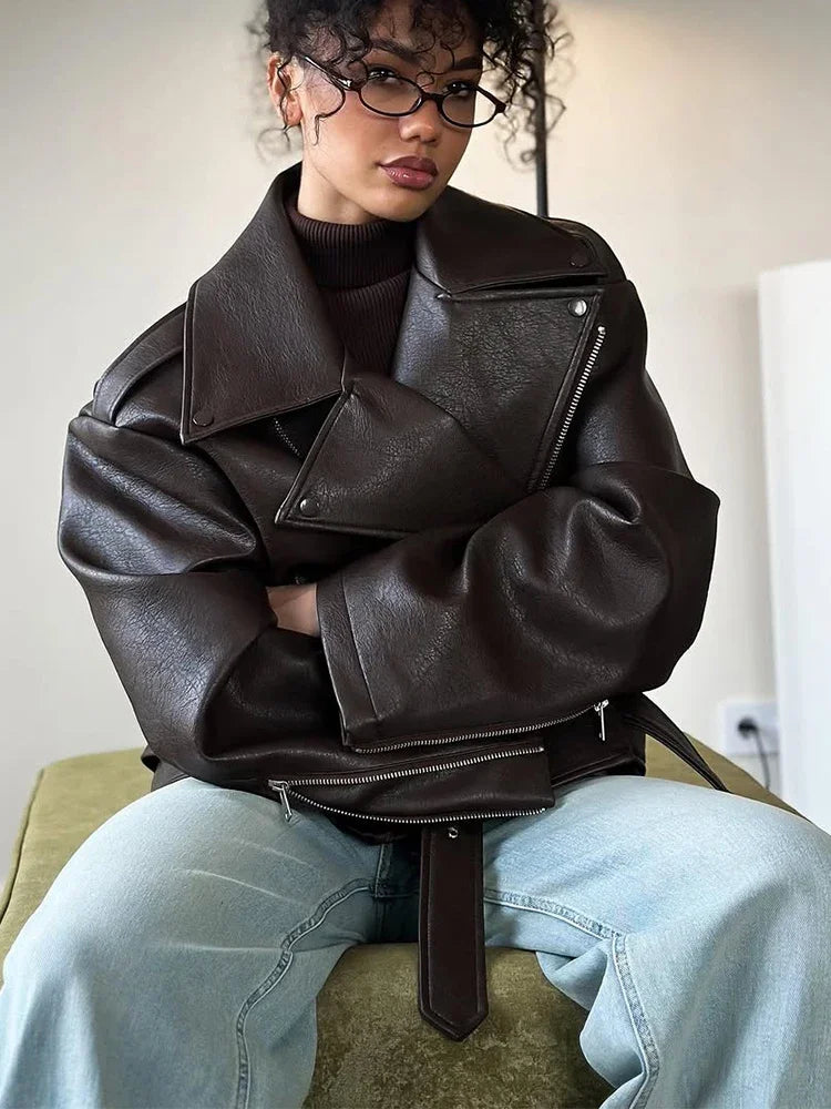 Women's Dark Red Zipper Leather Short Jackets Chic Long Sleeve Lace Up Lapel Loose Button Coat Lady Daily High Street Wear 2025