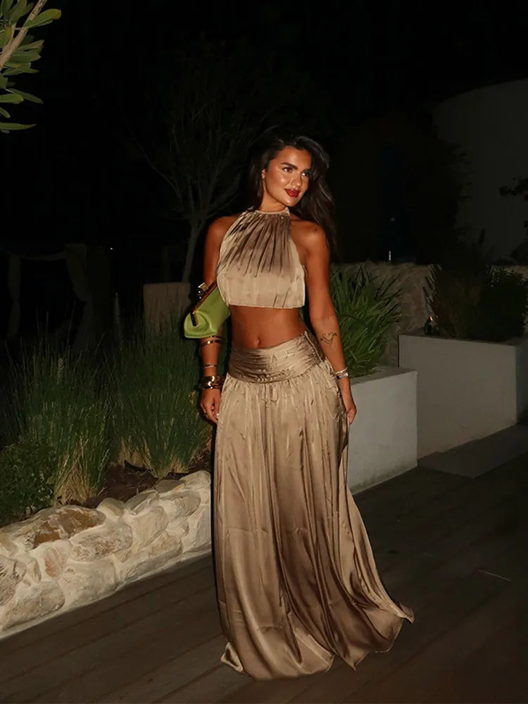 Luxury Women's Maxi Skirts Set Halter Neck Open Back Crop Top High Waist Flowy Long Skirt Elegant Formal Evening Party Outfit