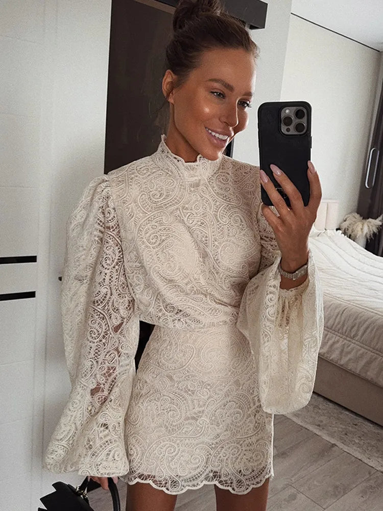 Solid Lace Hollow Out Mini Skirt Set Women Elegant Stand Collar Long Sleeve Shirt Suit 2025 Lady Fashion Commuter Street Outfits